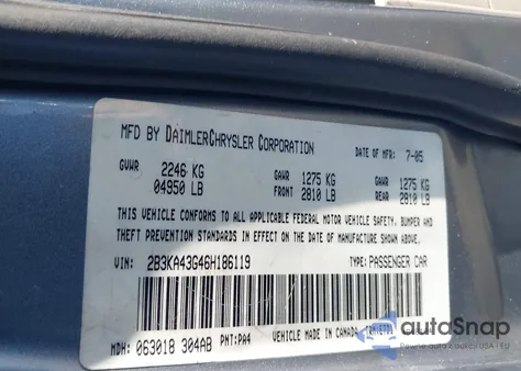 2006 Dodge Charger из США, поврежденный, VIN 2B3KA43G46H186119